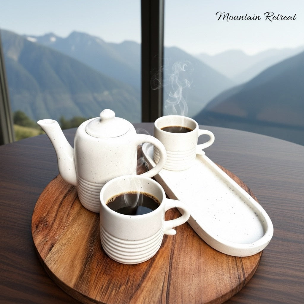 Ivory Ribbed Stoneware Couples Tea/Coffee Set (Teapot + 2 Cups + Tray) | 100% Chemical Free, Microwave Safe, Dishwasher Safe