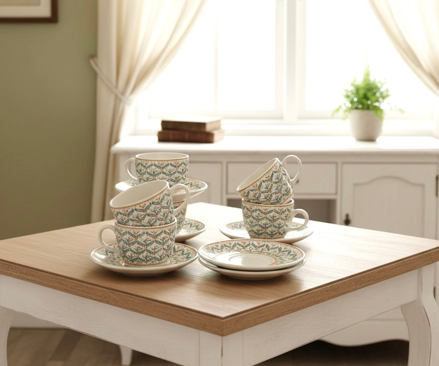 Sapphire Meadow Premium Ceramic Cup & Saucer Set – Set of 12 pieces