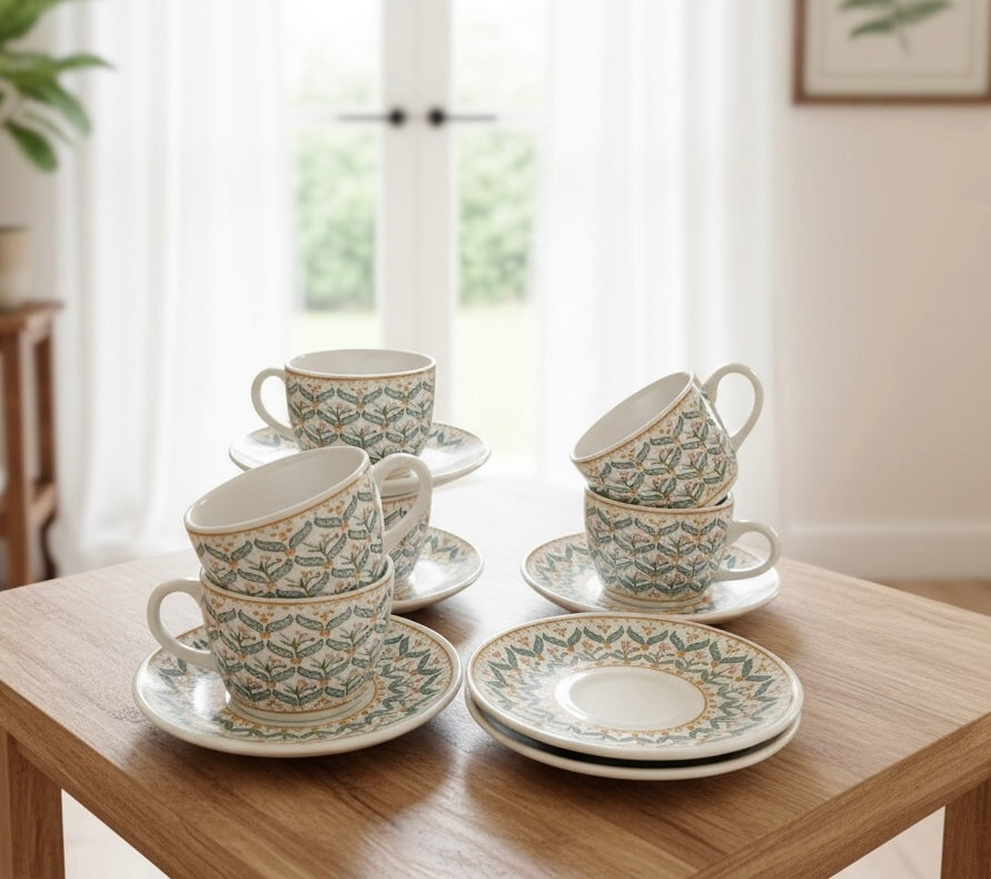 Sapphire Meadow Premium Ceramic Cup & Saucer Set – Set of 12 pieces