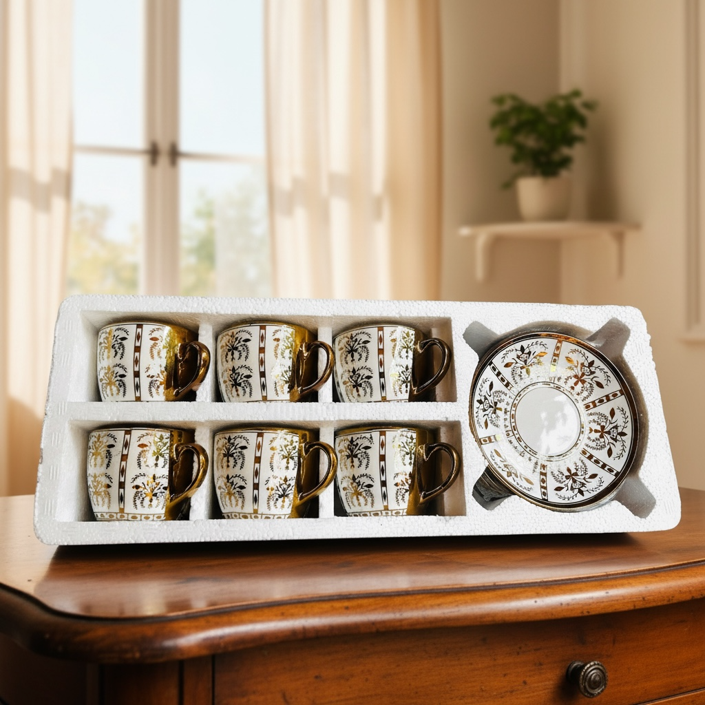 Heritage Gold Leaf Cup & Saucer Set (6 Cups + 6 Saucers) - Set of 12 Pieces