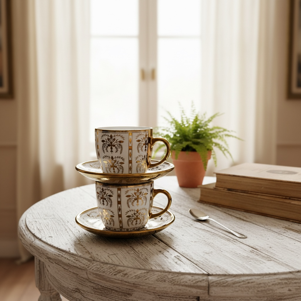 Heritage Gold Leaf Cup & Saucer Set (6 Cups + 6 Saucers) - Set of 12 Pieces