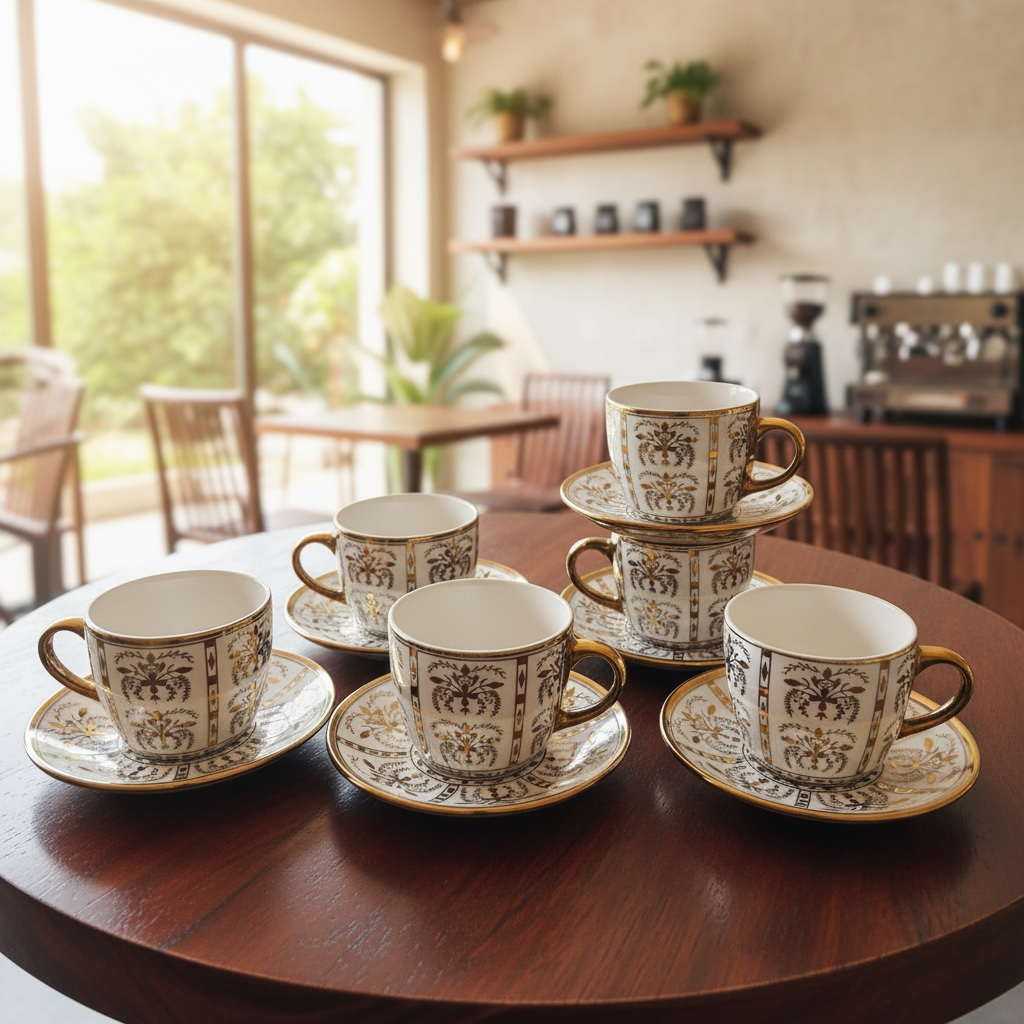 Heritage Gold Leaf Cup & Saucer Set (6 Cups + 6 Saucers) - Set of 12 Pieces