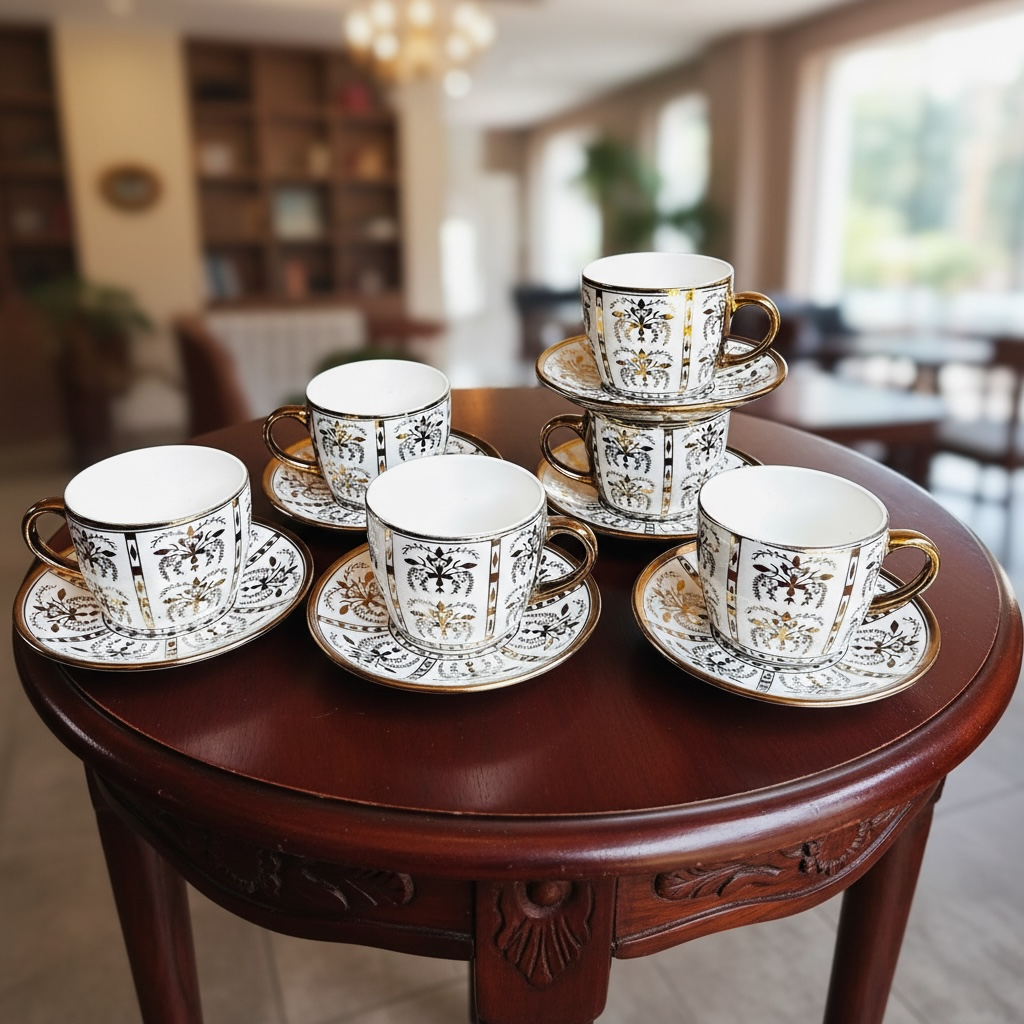 Heritage Gold Leaf Cup & Saucer Set (6 Cups + 6 Saucers) - Set of 12 Pieces