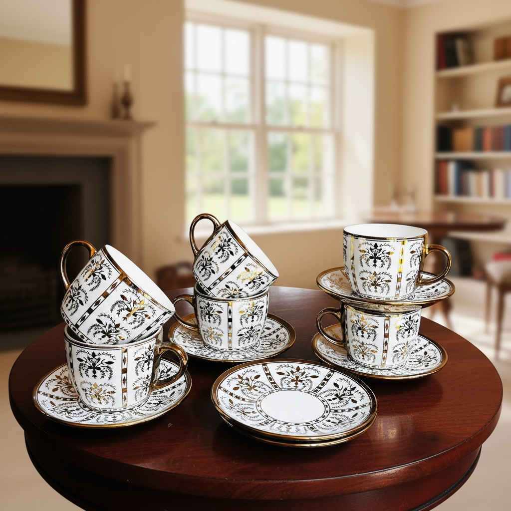 Heritage Gold Leaf Cup & Saucer Set (6 Cups + 6 Saucers) - Set of 12 Pieces