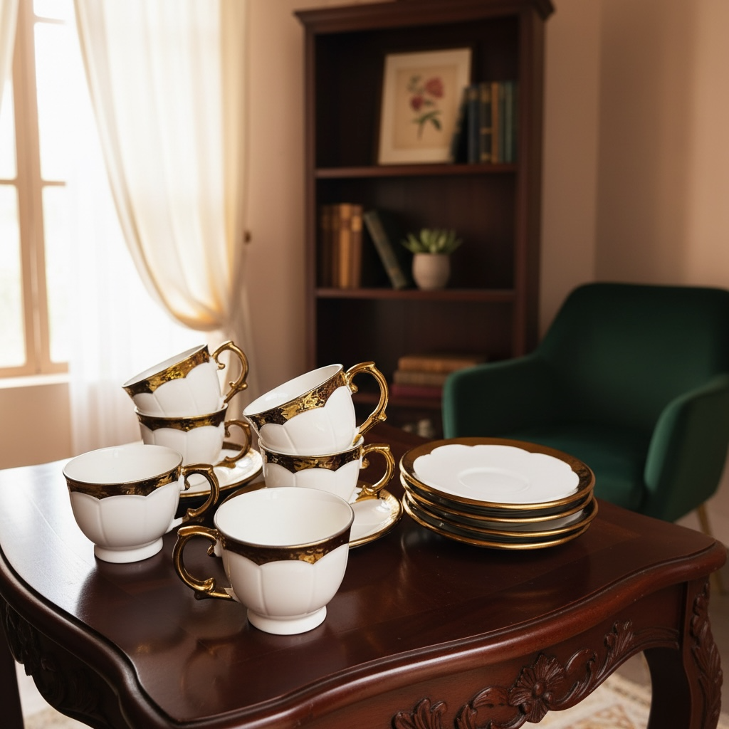 Royal Pearl Gold-Trim Cup & Saucer Collection - Set of 12 Pieces