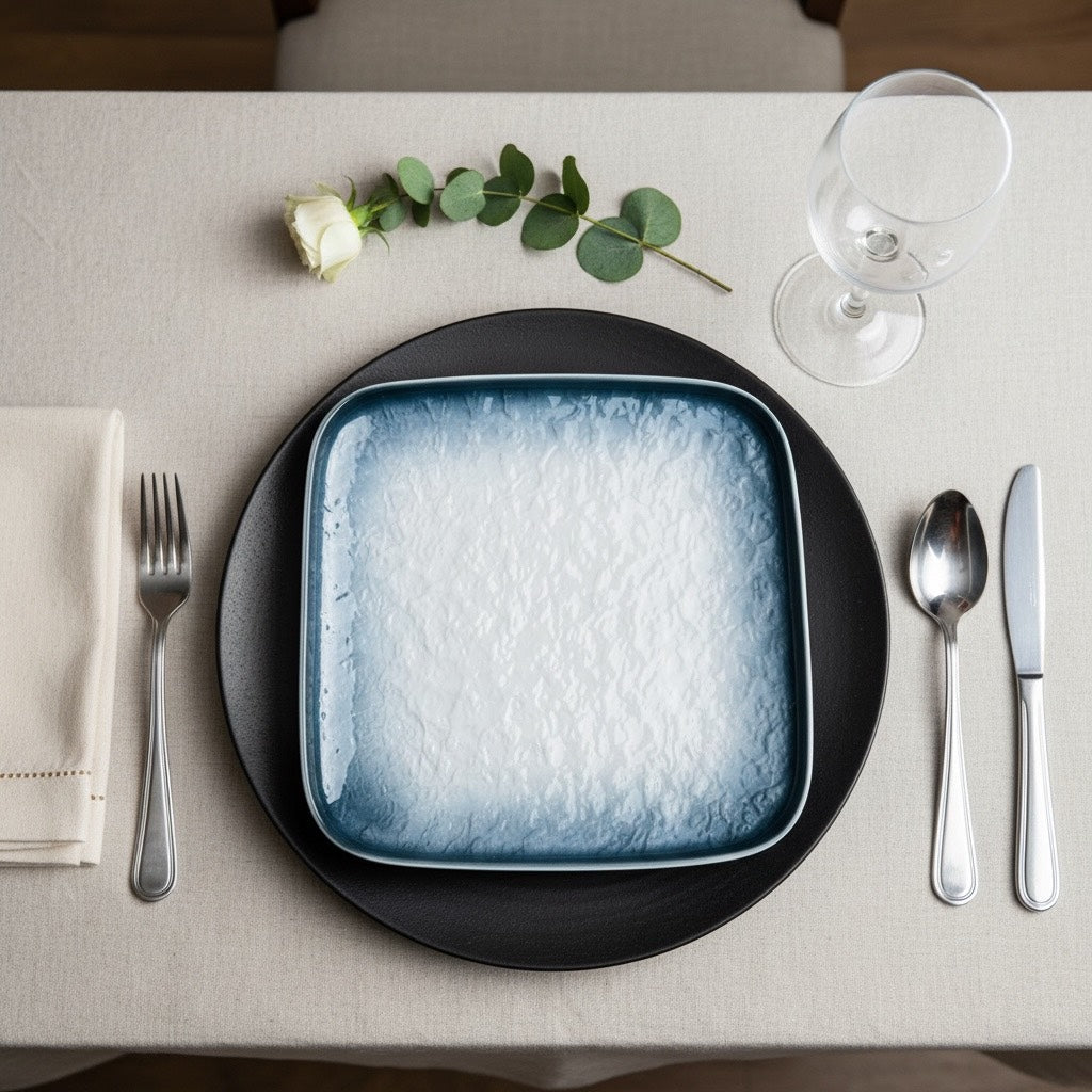 Mist Blue Square Porcelain Serving Platter – [Big Size] Minimalist Ceramic Plate for Snacks & Appetizers