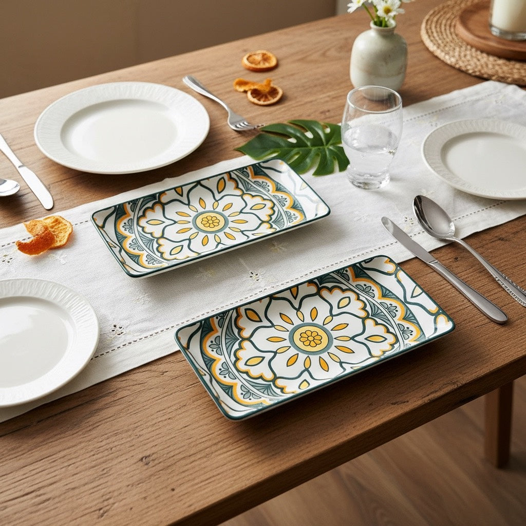 Sunburst Floral Porcelain Serving Platter Set of 2 – Rectangular Ceramic Snack & Appetizer Plates