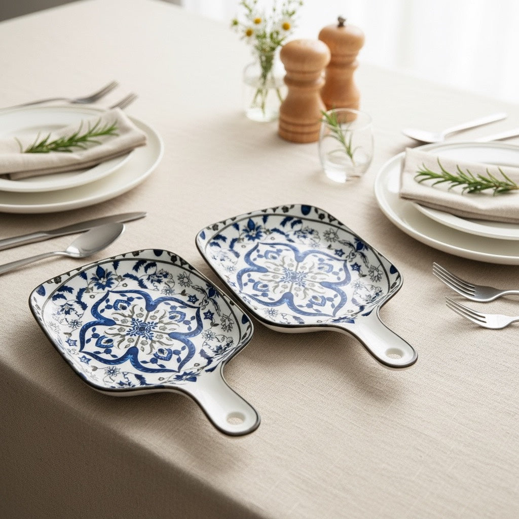 Indigo Medallion Porcelain Handled Platter Set (Set of 2)
