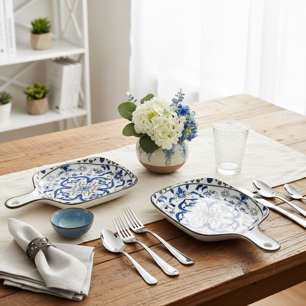 Indigo Medallion Porcelain Handled Platter Set (Set of 2)