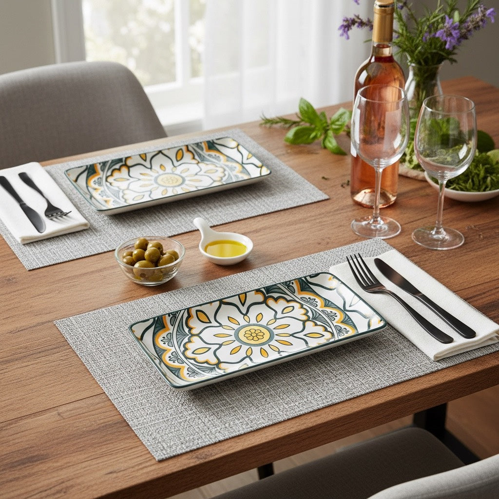 Sunburst Floral Porcelain Serving Platter Set of 2 – Rectangular Ceramic Snack & Appetizer Plates