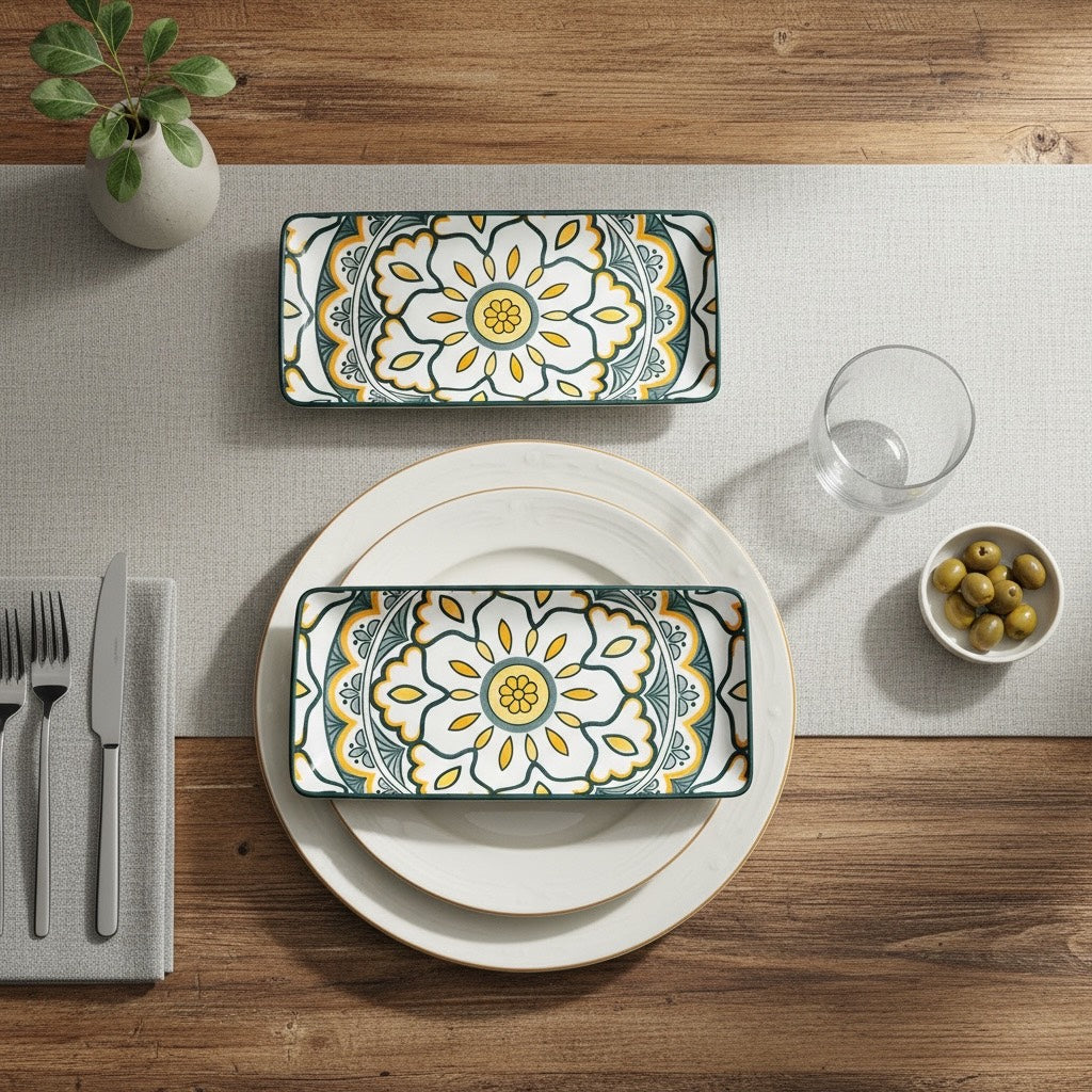 Sunburst Floral Porcelain Serving Platter Set of 2 – Rectangular Ceramic Snack & Appetizer Plates
