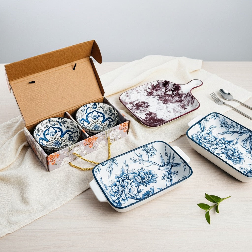 Blue Bloom Porcelain Handled Platter Set (Set of 2)