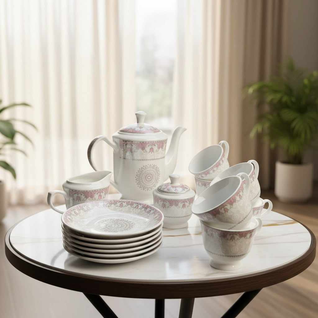 Imperial Rose Silver Premium Porcelain Tea Set (15 Pieces) - Fine Premium Porcelain, Totally Chemical Free