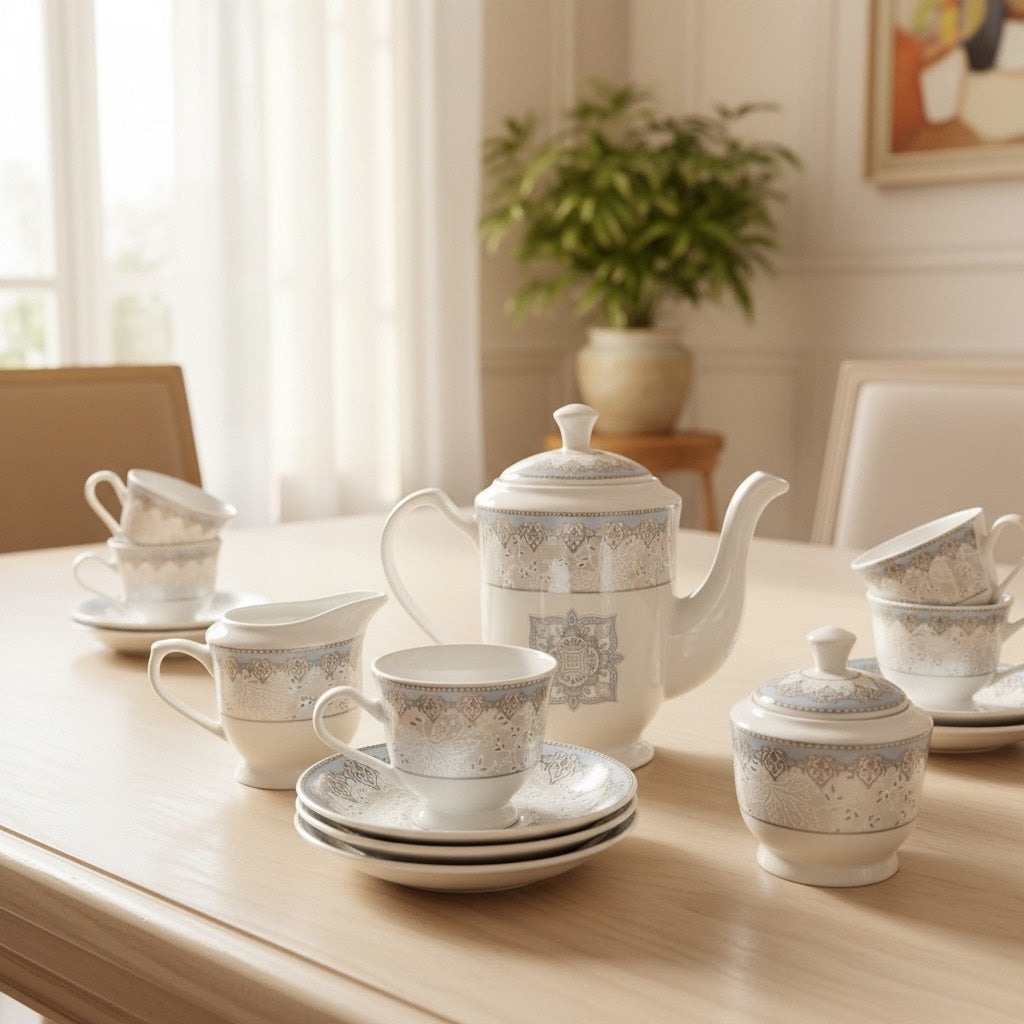 Imperial Azure Silver Premium Porcelain Tea Set (15 Pieces) - Fine Premium Porcelain, Totally Chemical Free