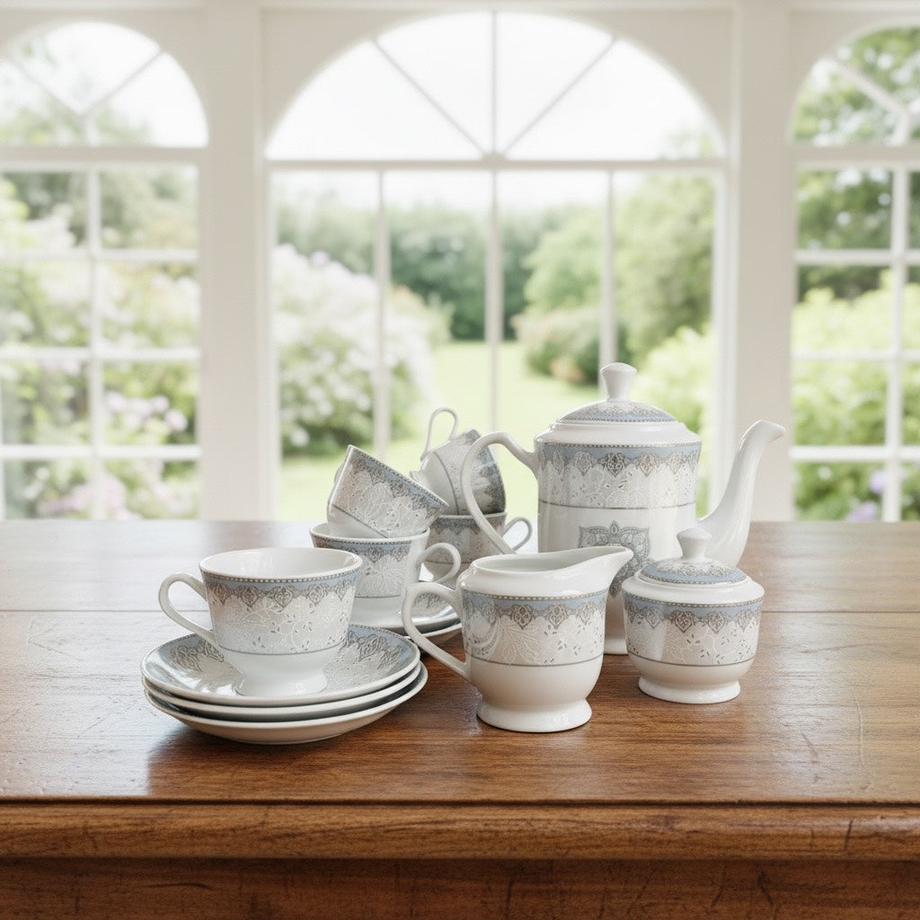 Imperial Azure Silver Premium Porcelain Tea Set (15 Pieces) - Fine Premium Porcelain, Totally Chemical Free