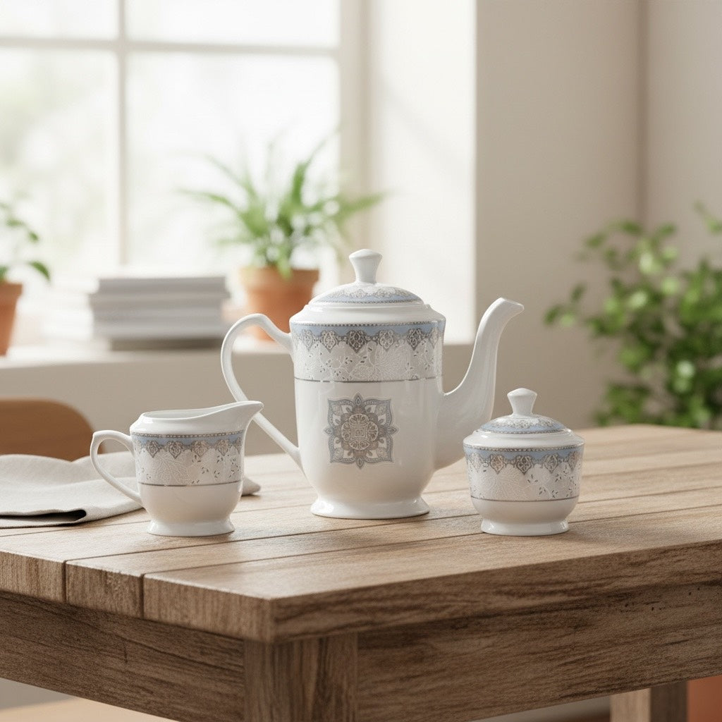 Imperial Azure Silver Premium Porcelain Tea Set (15 Pieces) - Fine Premium Porcelain, Totally Chemical Free
