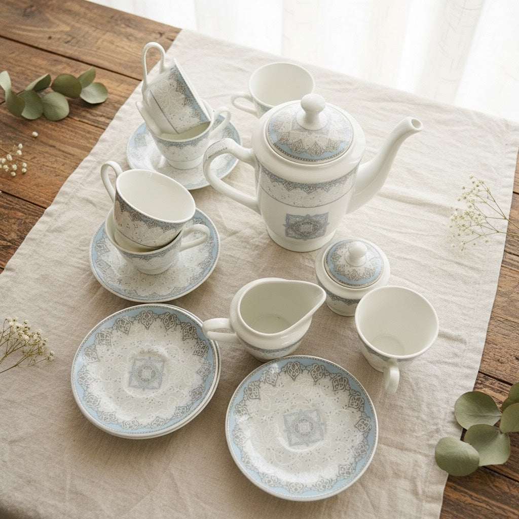 Imperial Azure Silver Premium Porcelain Tea Set (15 Pieces) - Fine Premium Porcelain, Totally Chemical Free