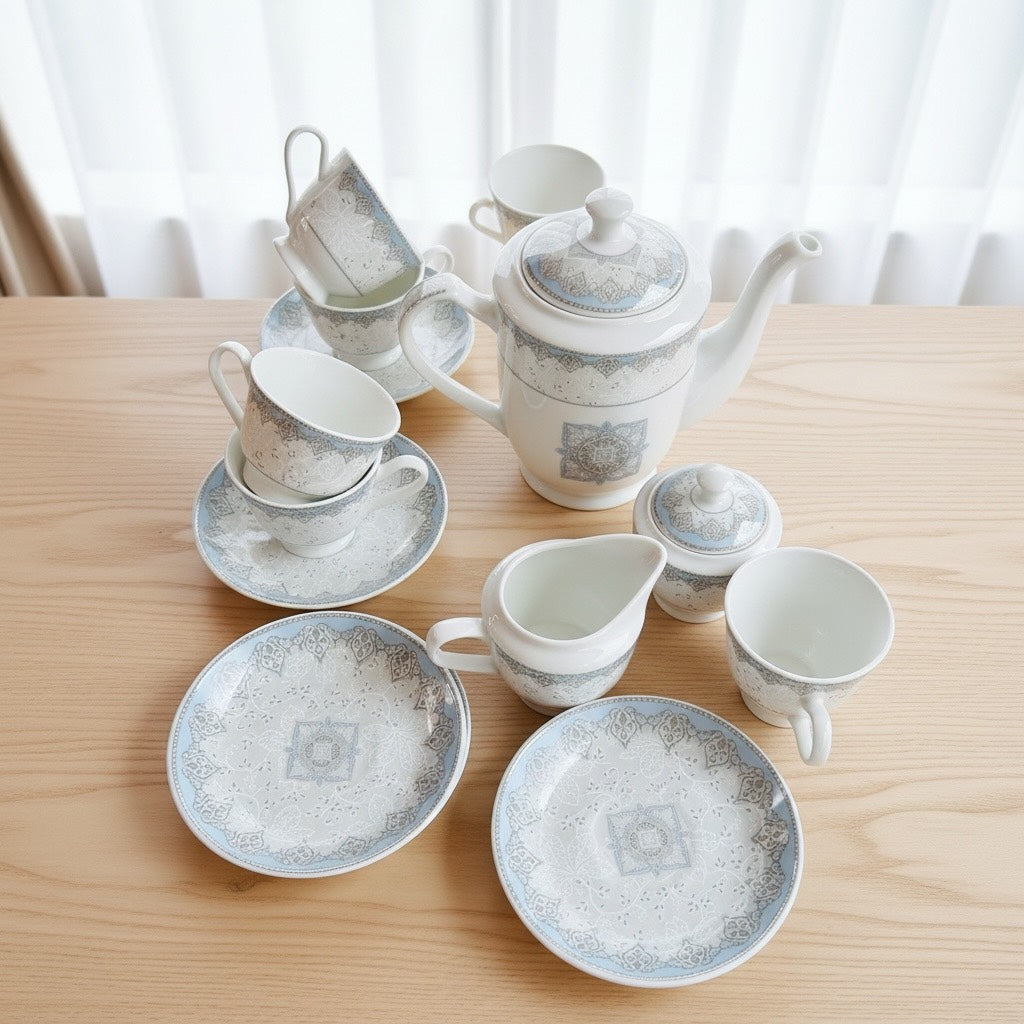Imperial Azure Silver Premium Porcelain Tea Set (15 Pieces) - Fine Premium Porcelain, Totally Chemical Free