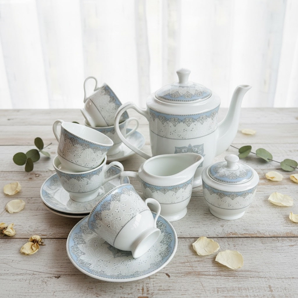 Imperial Azure Silver Premium Porcelain Tea Set (15 Pieces) - Fine Premium Porcelain, Totally Chemical Free