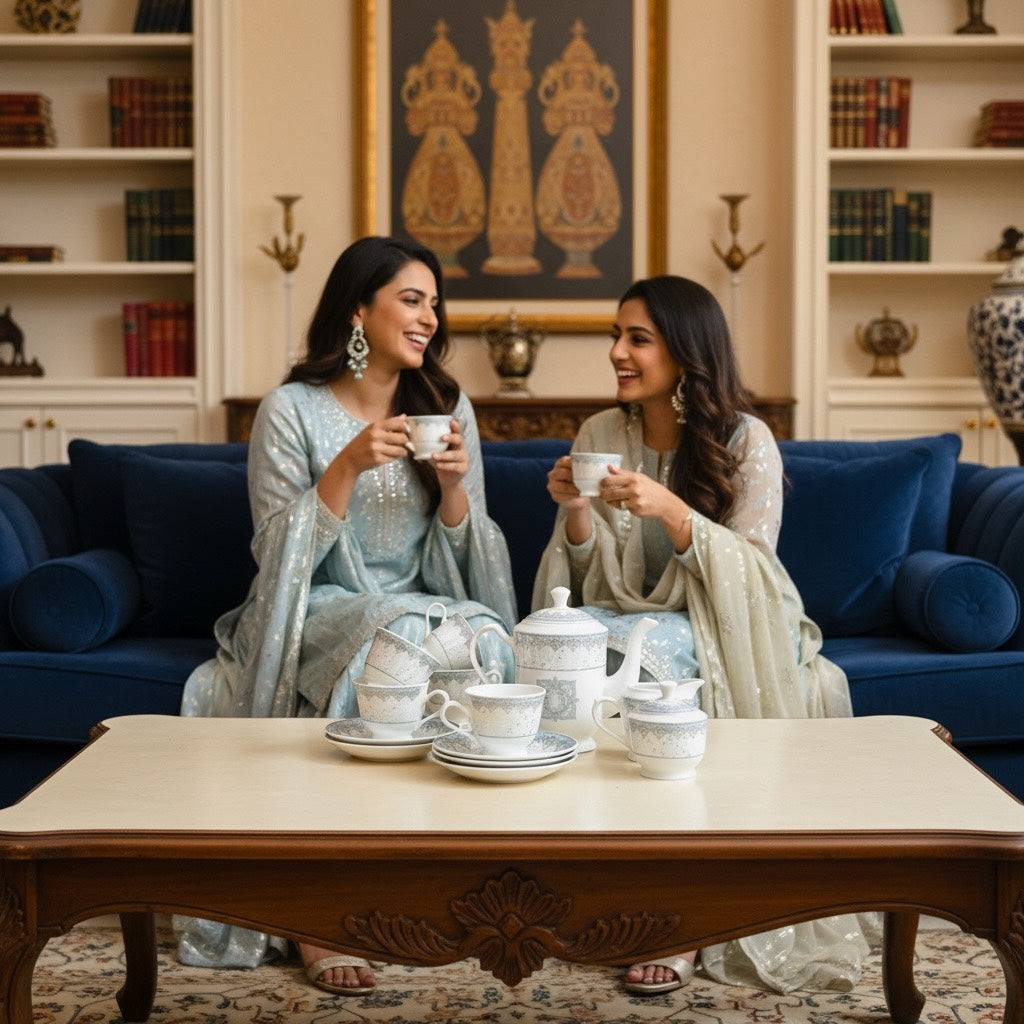 Imperial Azure Silver Premium Porcelain Tea Set (15 Pieces) - Fine Premium Porcelain, Totally Chemical Free
