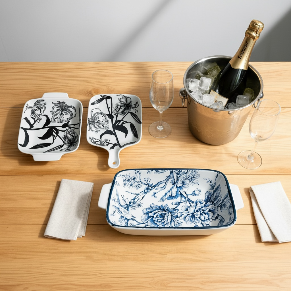 Black Lily Porcelain Serving Platter Set of 2 – Floral Ceramic Snack & Serving Dishes
