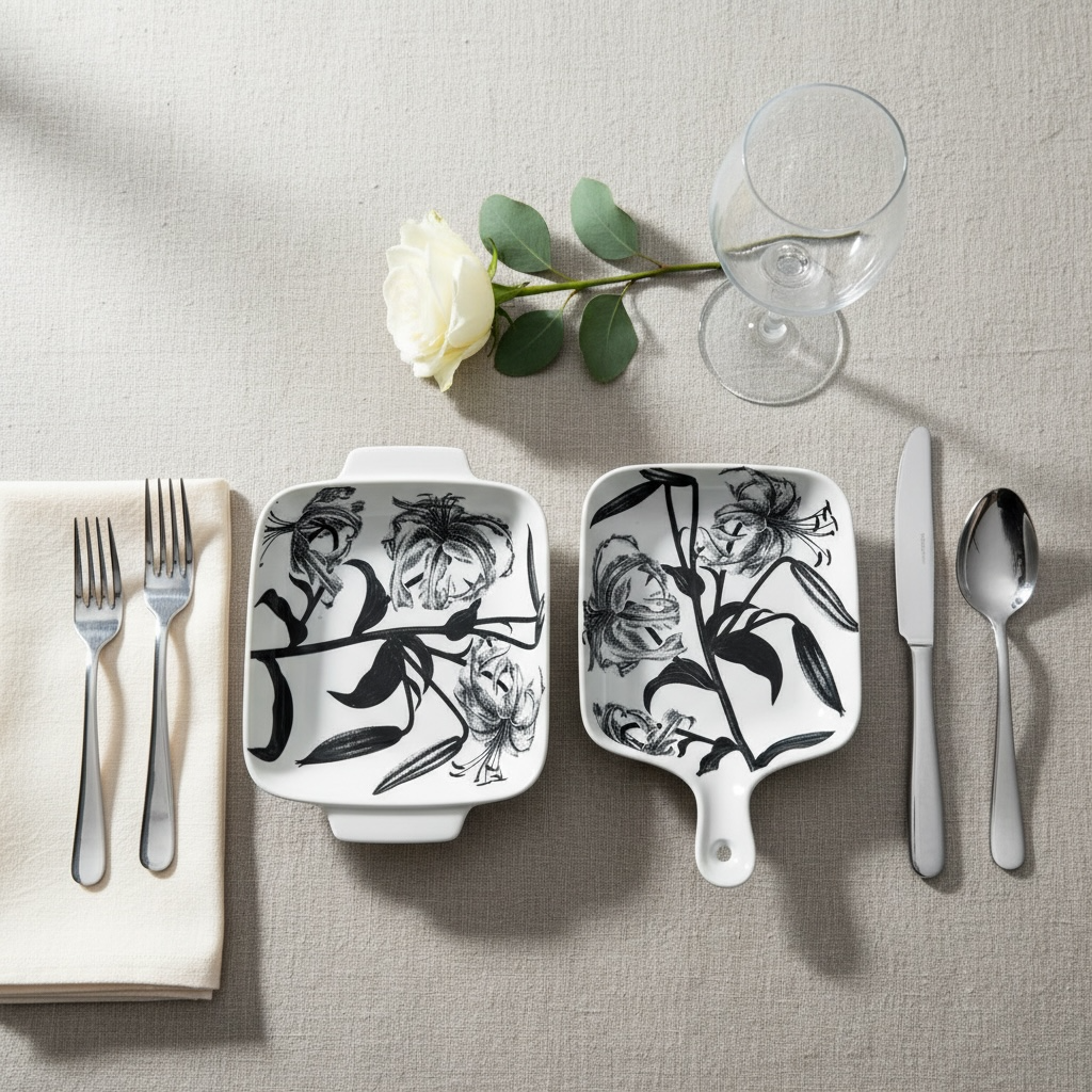 Black Lily Porcelain Serving Platter Set of 2 – Floral Ceramic Snack & Serving Dishes