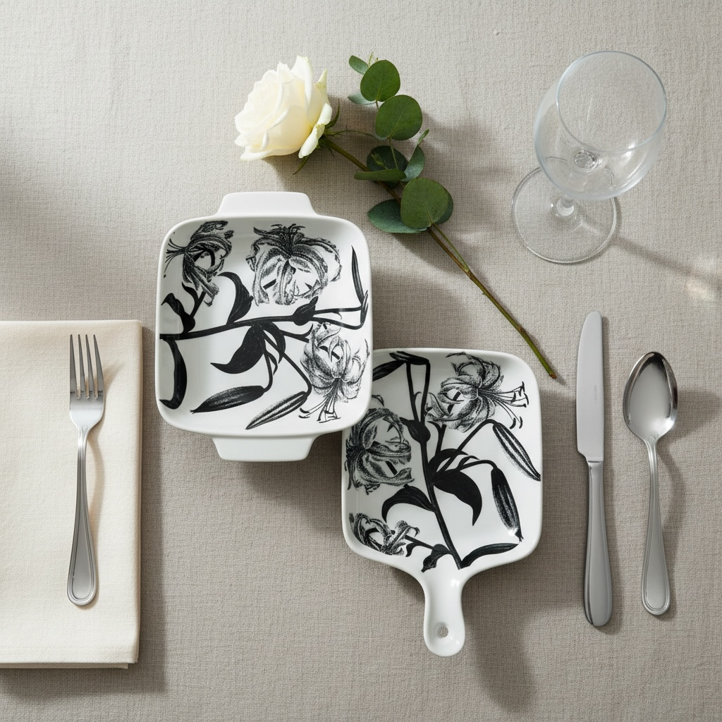 Black Lily Porcelain Serving Platter Set of 2 – Floral Ceramic Snack & Serving Dishes