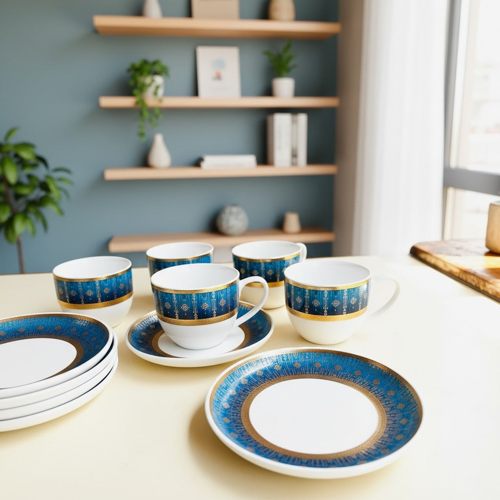 Royal Sapphire Gold Heritage Tea Set (12 Pieces) - Finest Premium Porcelain, Totally Chemical Free, Designed in Japan