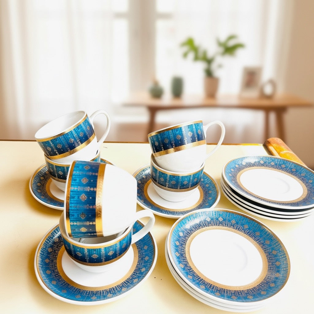 Royal Sapphire Gold Heritage Tea Set (12 Pieces) - Finest Premium Porcelain, Totally Chemical Free, Designed in Japan