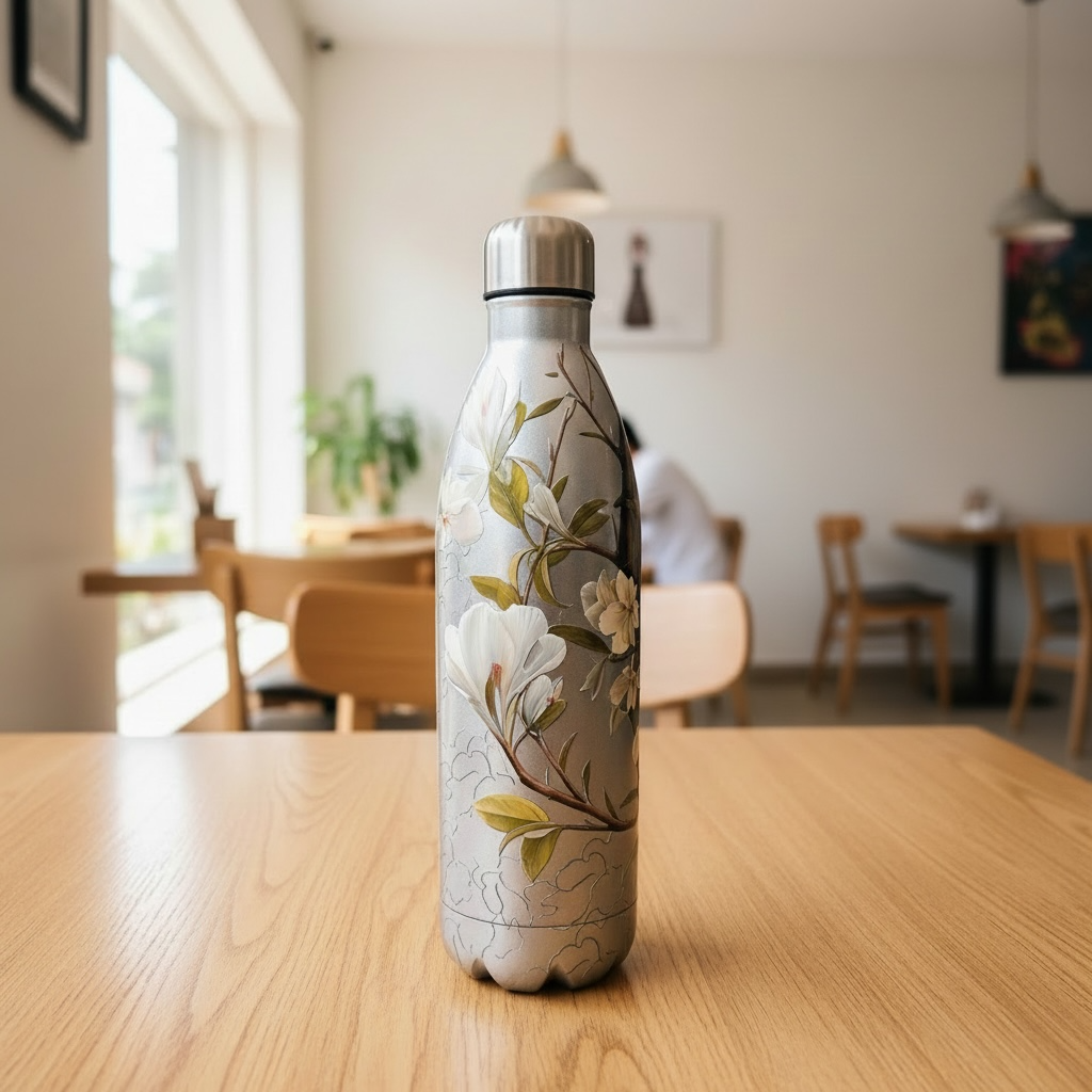 Peacock Majesty Bottle - Metallic Silver (1000ML, Pocket Friendly, HOT & COLD, Leak Proof Lid)