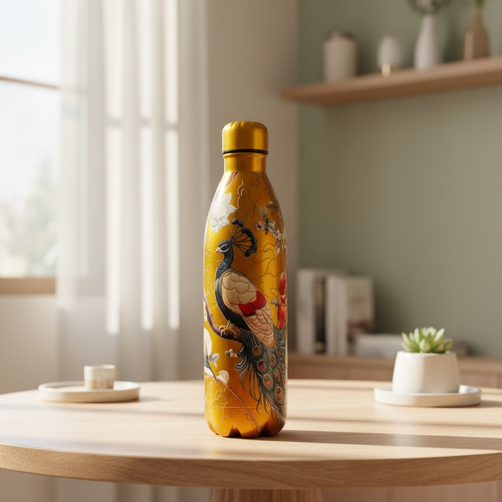 Peacock Majesty Bottle - Metallic Gold (1000ML, Pocket Friendly, HOT & COLD, Leak Proof Lid)