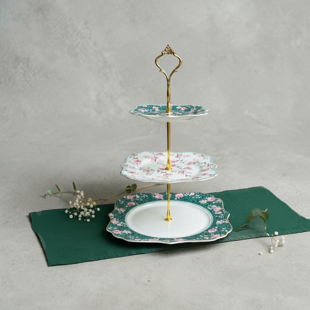 Mayfair Green 3-Tier Dessert Stand (Vintage Collection, Finest Premium Porcelain, Gift Packaging)