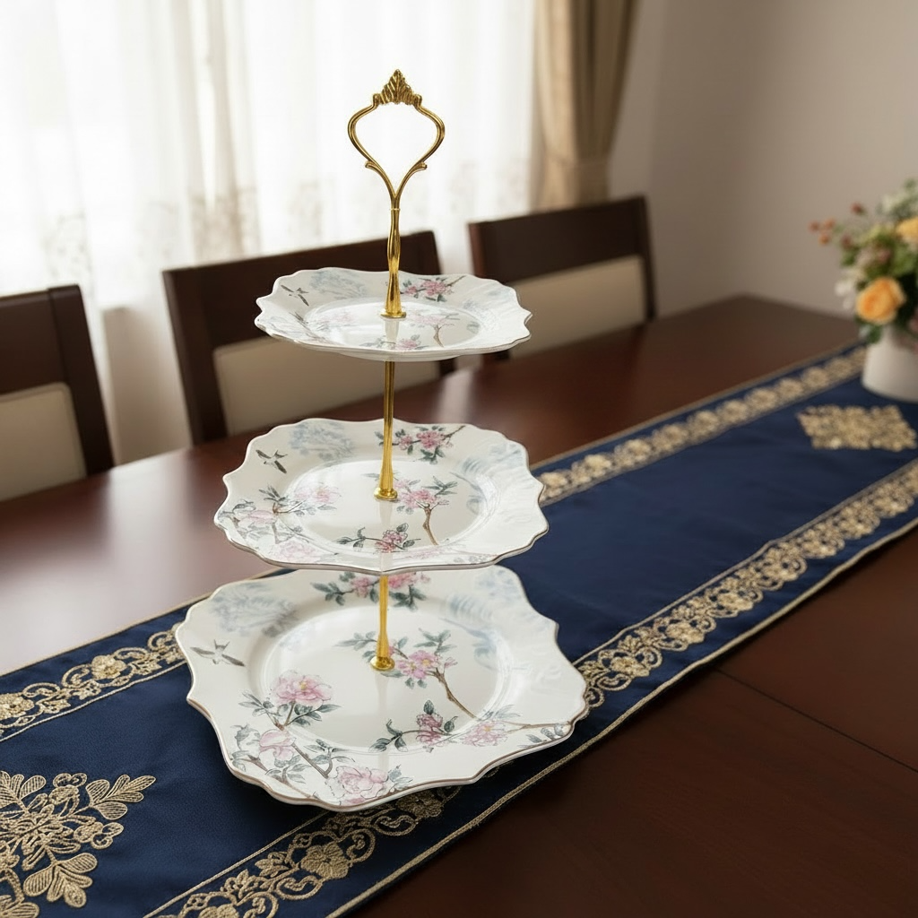 Mayfair Mystique Tea/Coffe-Snack-Deset Stand Set (31 Pieces; 6 Cups, 6 Saucers, 6 Snack Plates, 6 Bowls & 6 Spoons & Desert Stand)