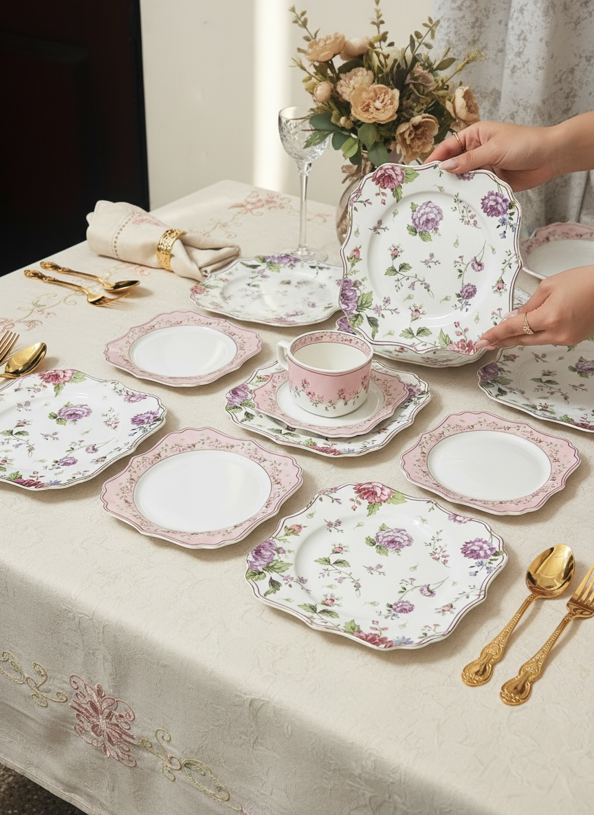 Palais de Roses Deluxe Set (18 Pieces; 6 Cups, 6 Saucers, 6 Snack plates)