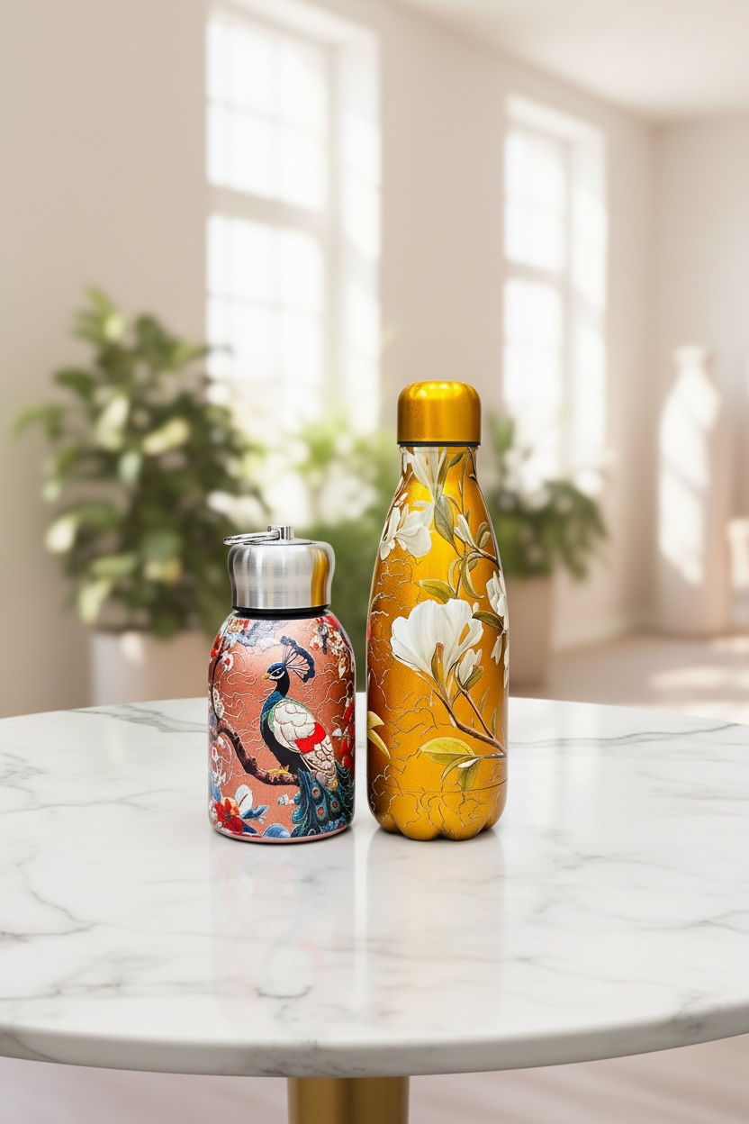 Peacock Royal Insulated Bottle - 250ml & 420ml (2Pc.)(Metallic Gold & Metallic Peach) (Value Pack)