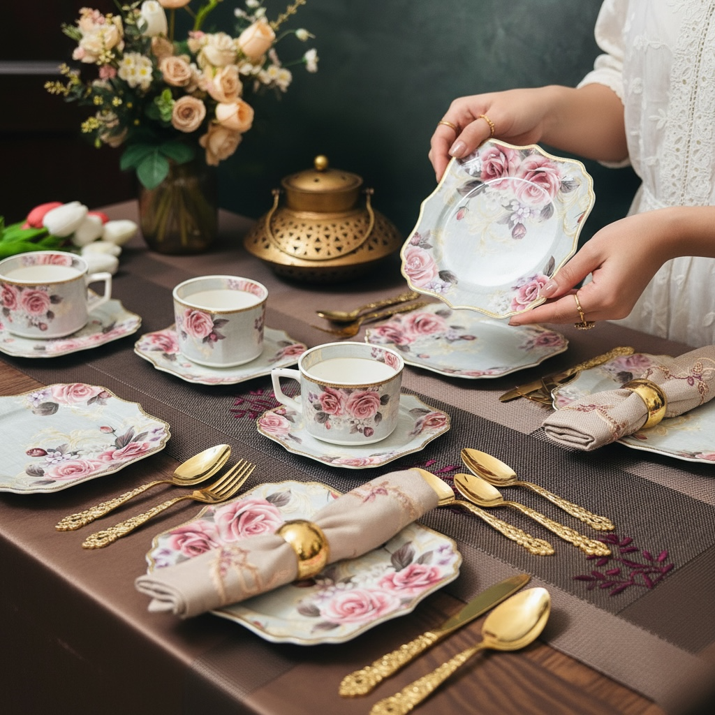 Maison de Fleur Premium Tea Set (18 Pieces; 6 Cups, 6 Saucers & 6 Snack plates)