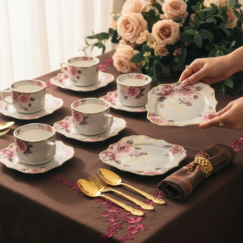Maison de Fleur Premium Tea Set (18 Pieces; 6 Cups, 6 Saucers & 6 Snack plates)