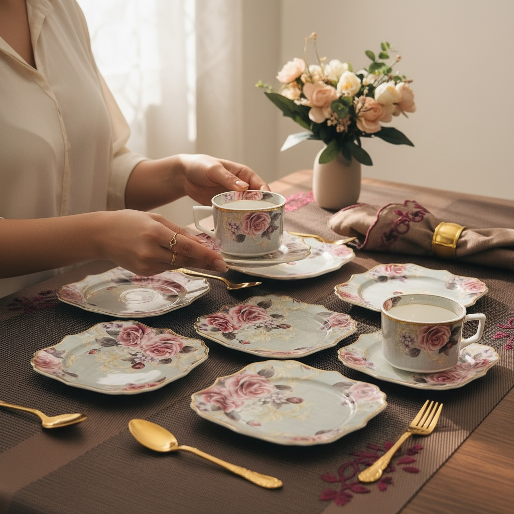Maison de Fleur Premium Tea Set (12 pieces; 6 Cups & 6 Saucers)