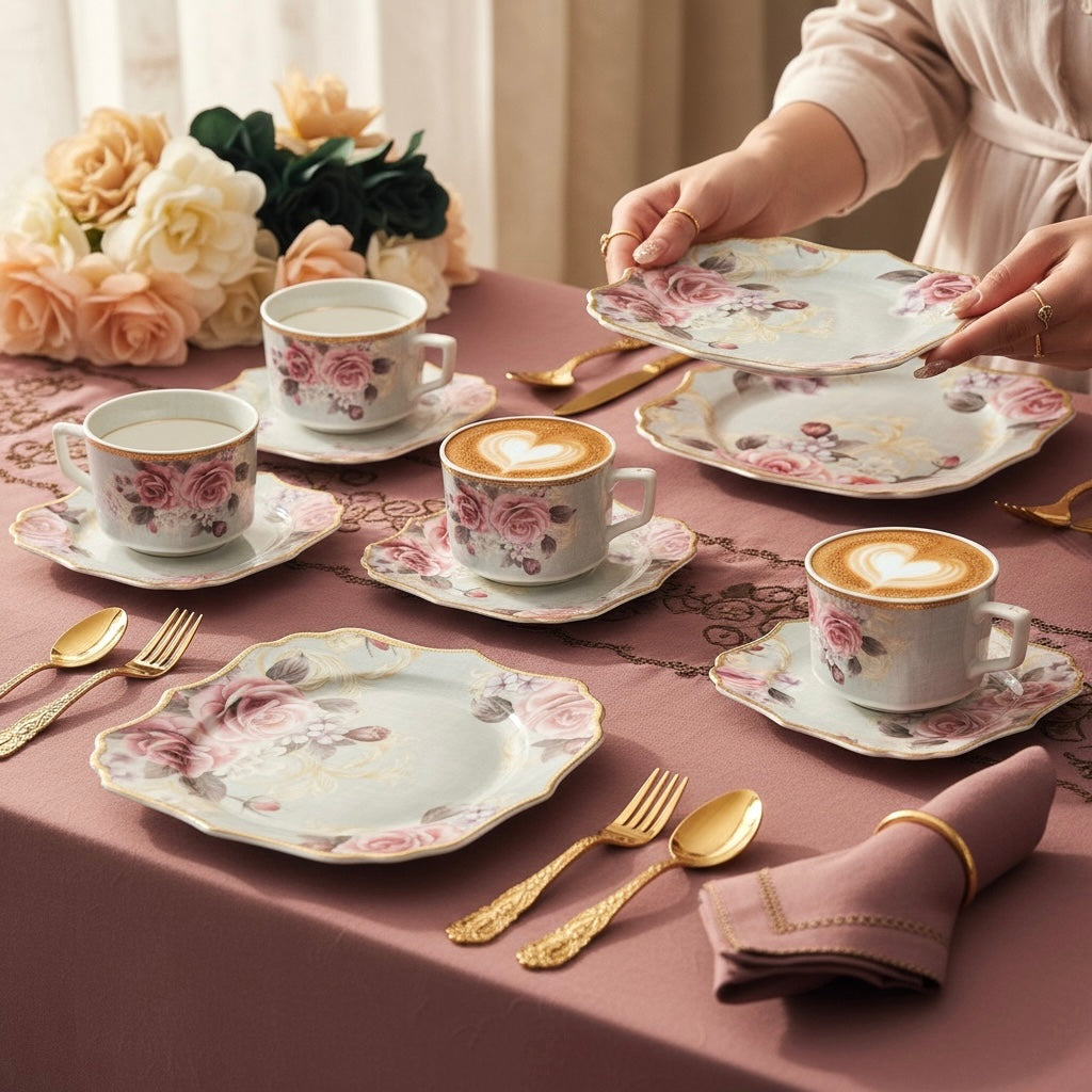 Maison de Fleur Premium Tea Set (18 Pieces; 6 Cups, 6 Saucers & 6 Snack plates)