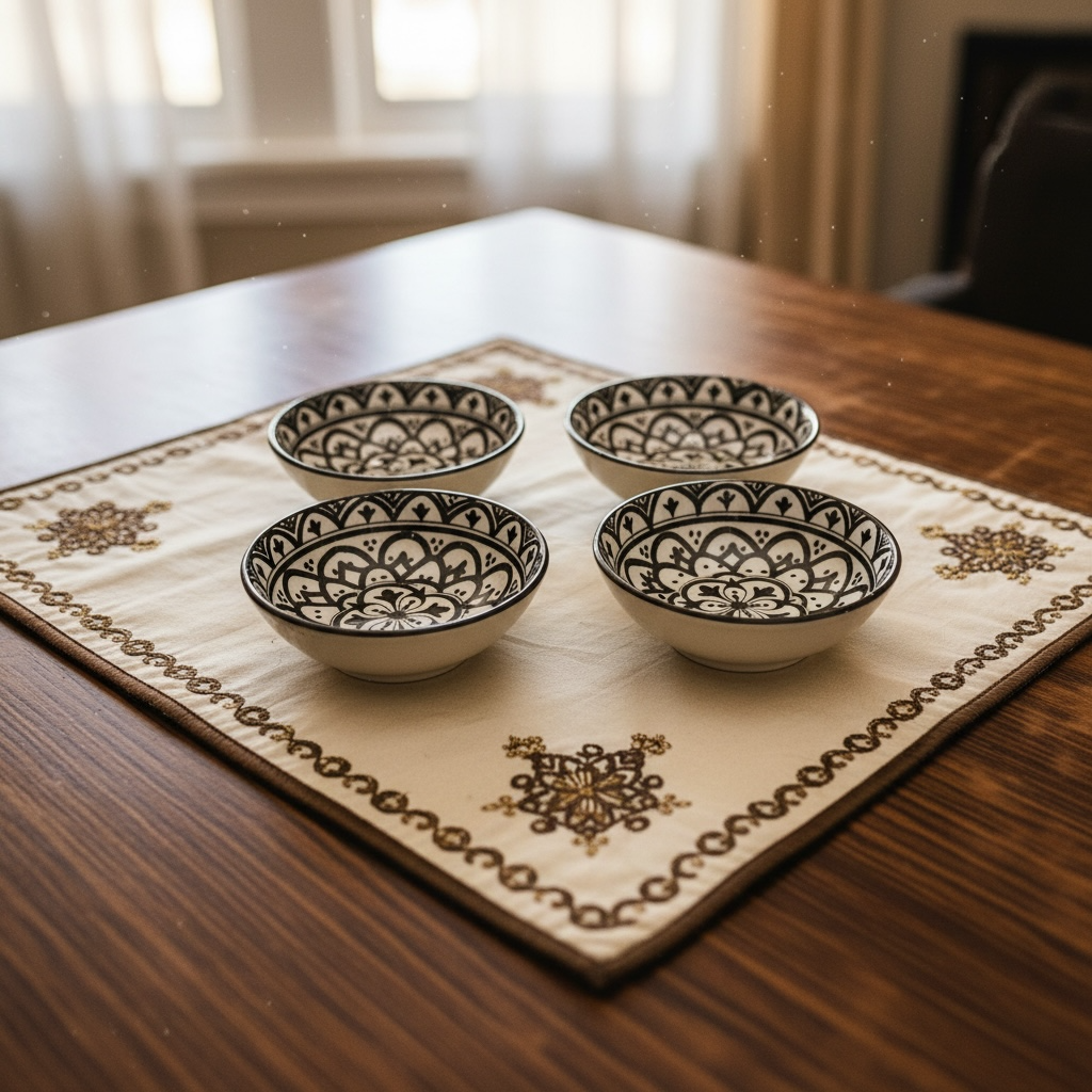 Sacred Mandala Rectangular Porcelain Platter with Dip Bowl Set - Brown & Ivory (Set of 4)
