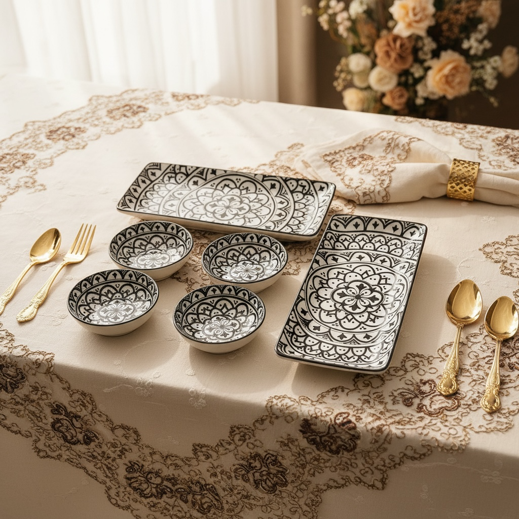 Sacred Mandala Rectangular Porcelain Platter with Dip Bowl Set - Brown & Ivory (Set of 4)