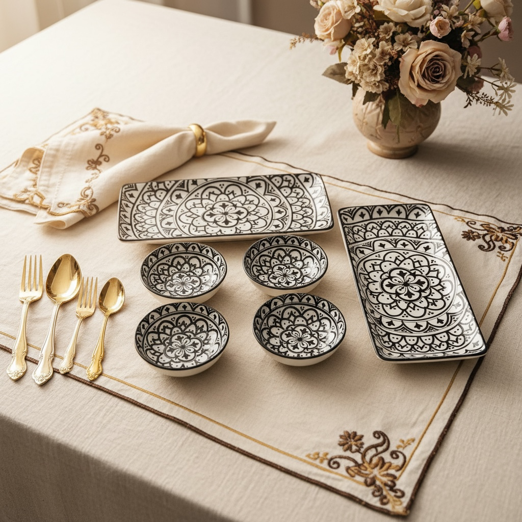 Sacred Mandala Rectangular Porcelain Platter with Dip Bowl Set - Brown & Ivory (Set of 4)