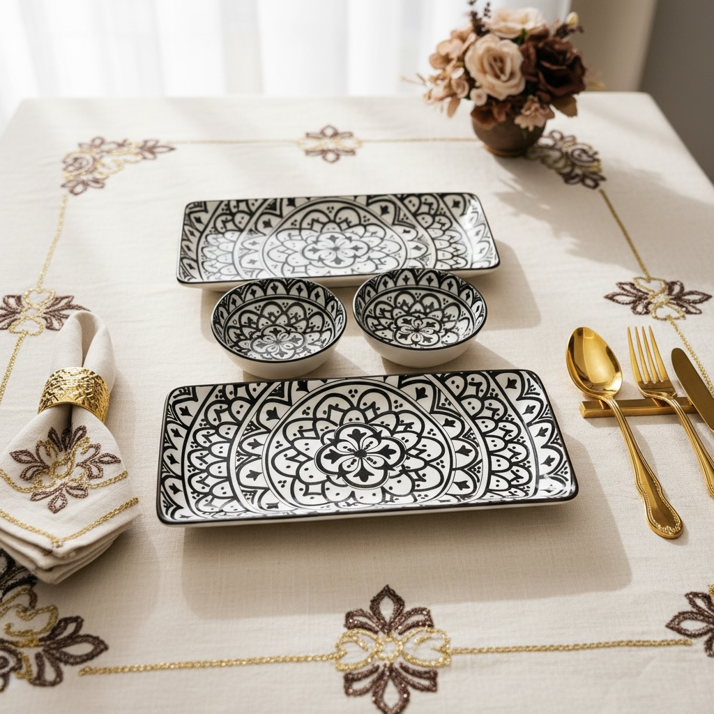 Sacred Mandala Rectangular Porcelain Platter with Dip Bowl Set - Brown & Ivory (Set of 4)