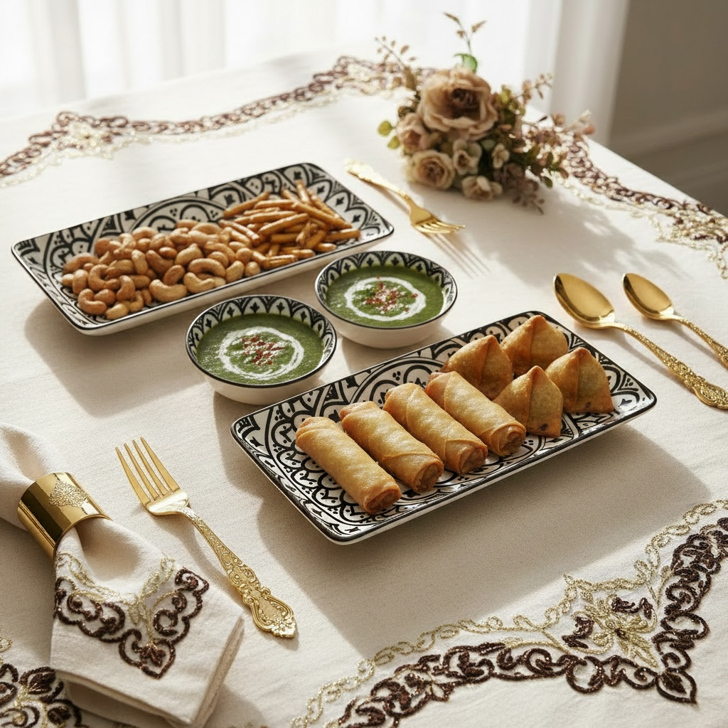 Sacred Mandala Rectangular Porcelain Platter with Dip Bowl Set - Brown & Ivory (Set of 4)