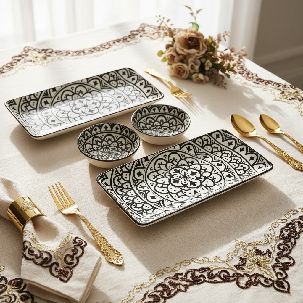 Sacred Mandala Rectangular Porcelain Platter with Dip Bowl Set - Brown & Ivory (Set of 4)