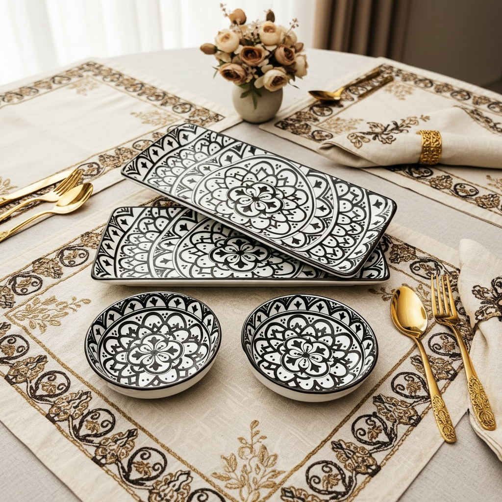 Sacred Mandala Rectangular Porcelain Platter with Dip Bowl Set - Brown & Ivory (Set of 4)