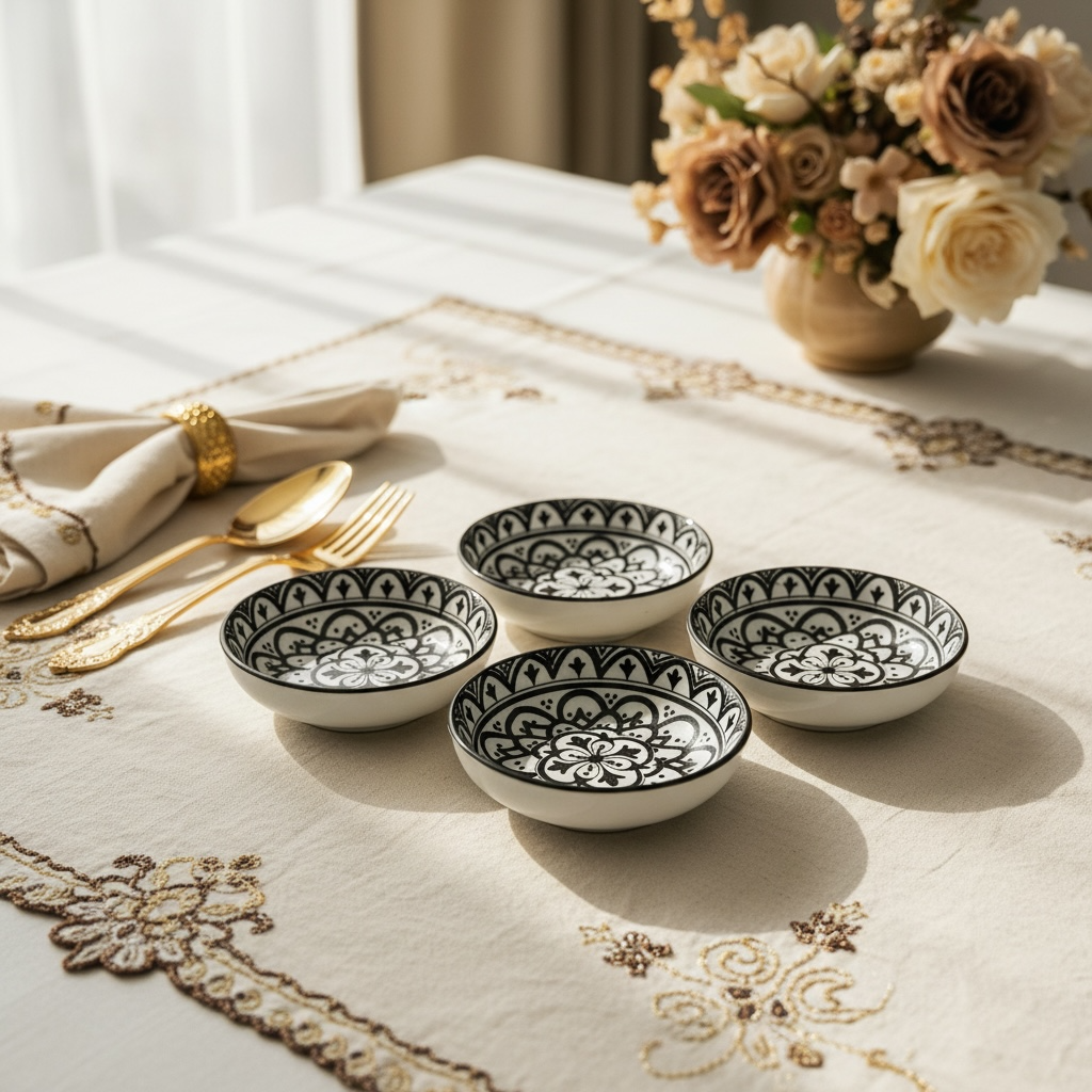 Sacred Mandala Rectangular Porcelain Platter with Dip Bowl Set - Brown & Ivory (Set of 4)