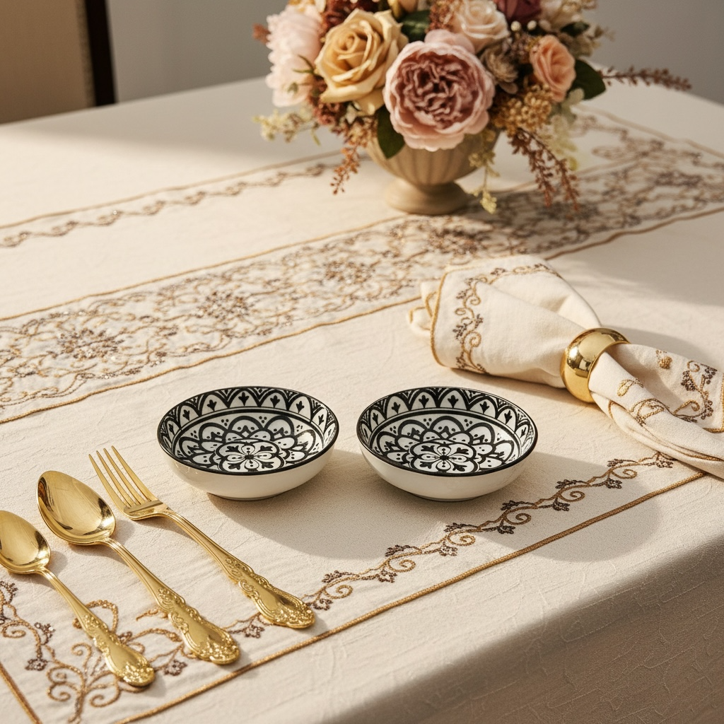 Sacred Mandala Rectangular Porcelain Platter with Dip Bowl Set - Brown & Ivory (Set of 4)