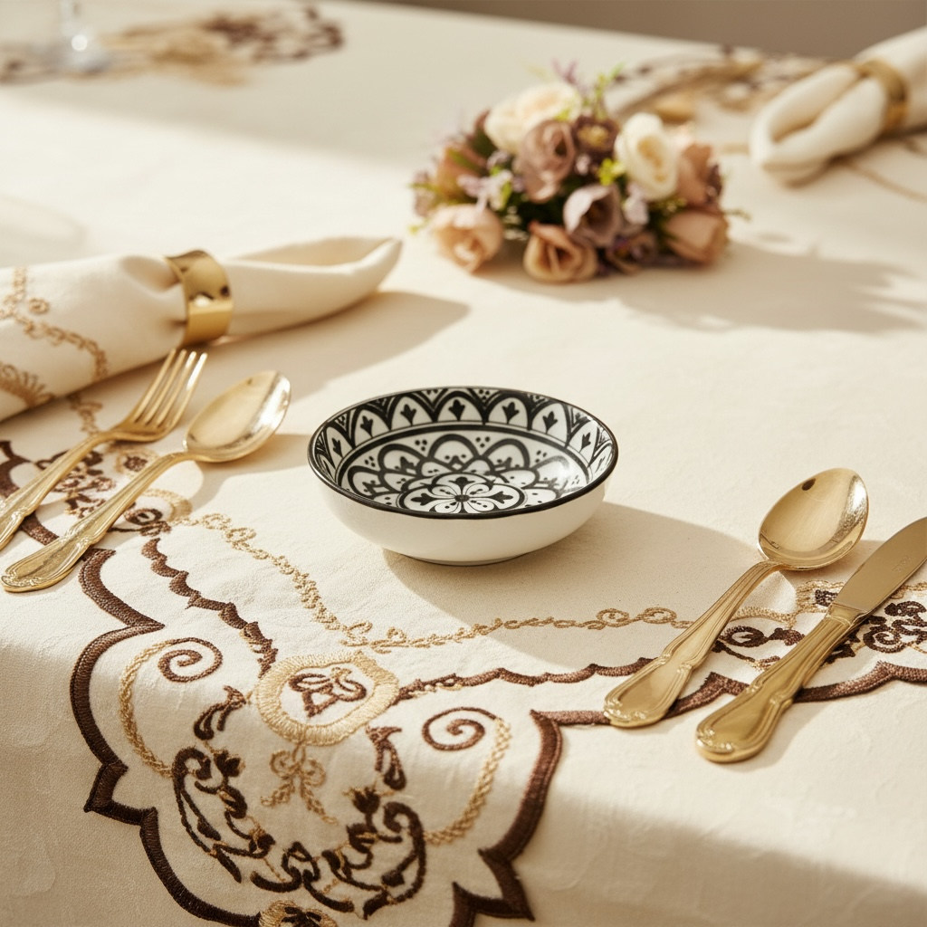 Sacred Mandala Rectangular Porcelain Platter with Dip Bowl Set - Brown & Ivory (Set of 4)