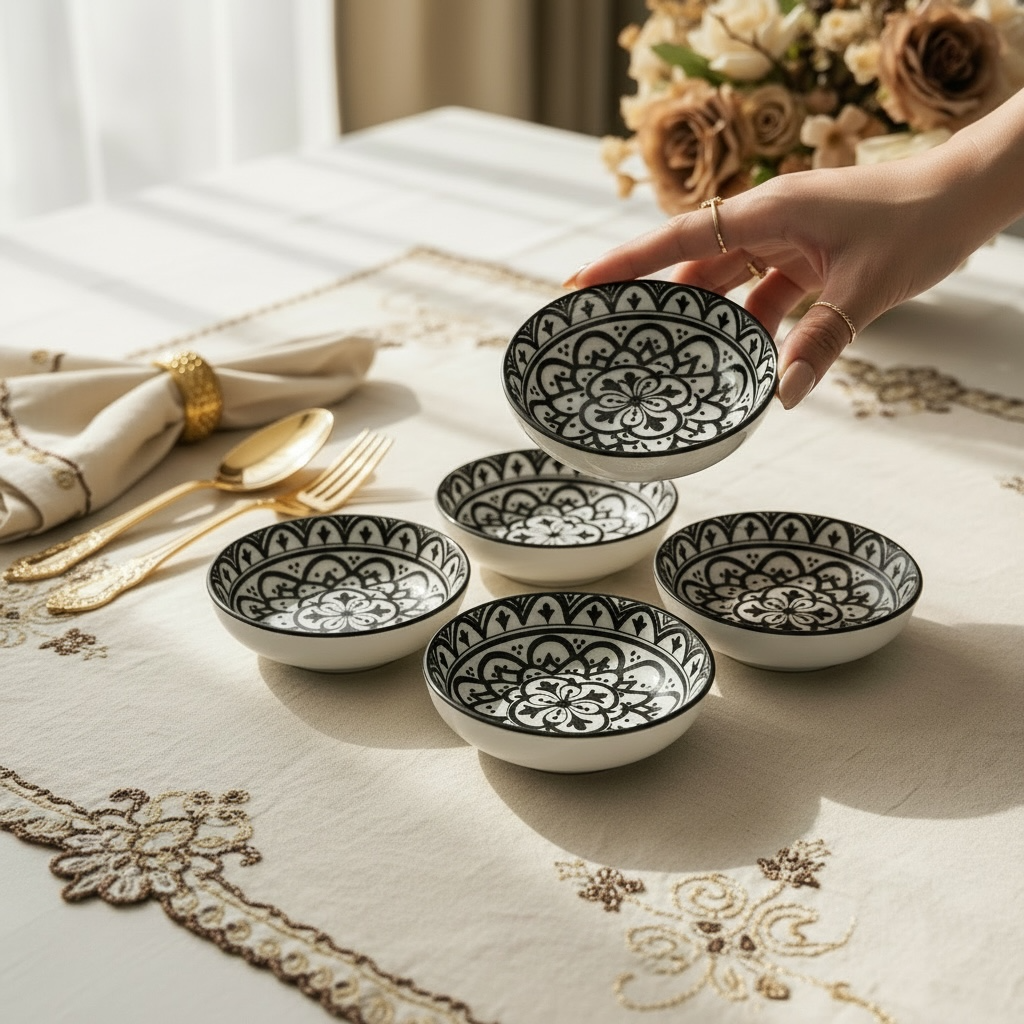 Sacred Mandala Rectangular Porcelain Platter with Dip Bowl Set - Brown & Ivory (Set of 4)